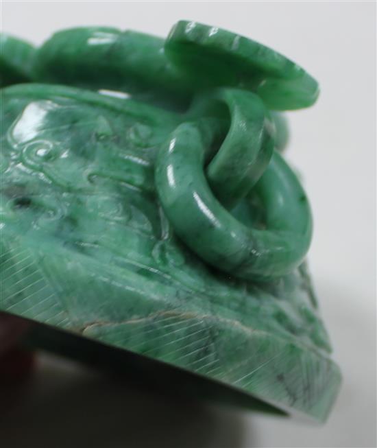 A good Chinese archaistic green jadeite censer and cover, Ding, 19th / 20th century, weight 1.6kg, width 16.7cm, height 13cm